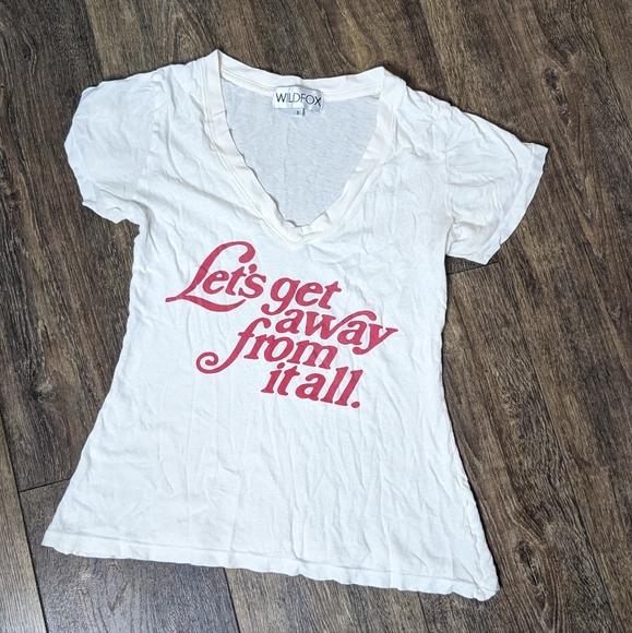 Wildfox 'Let's Get Away From It All' V neck Tshirt white red EUC Small - Picture 2 of 6